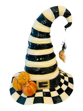 MacKenzie-Childs Courtly Stripe Witch Hat Halloween Decor w/ Pumpkins & Spider